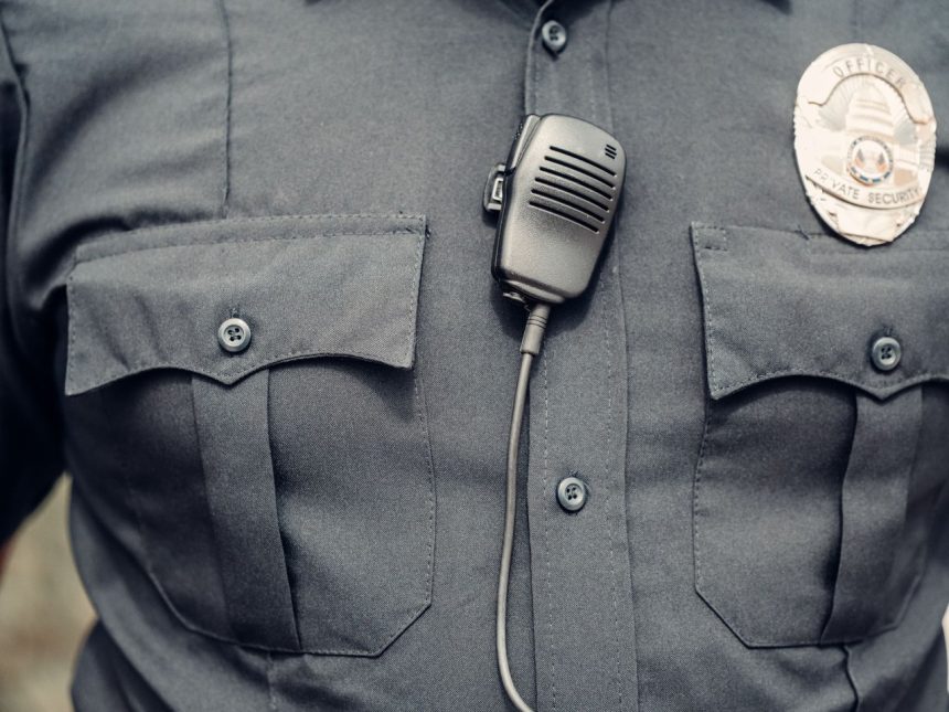 Close de uniforme policial com câmera corporal e distintivo.