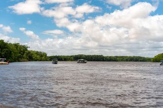 Barcos de pesca em um rio cercado por vegetação no Maranhão, sob céu claro.