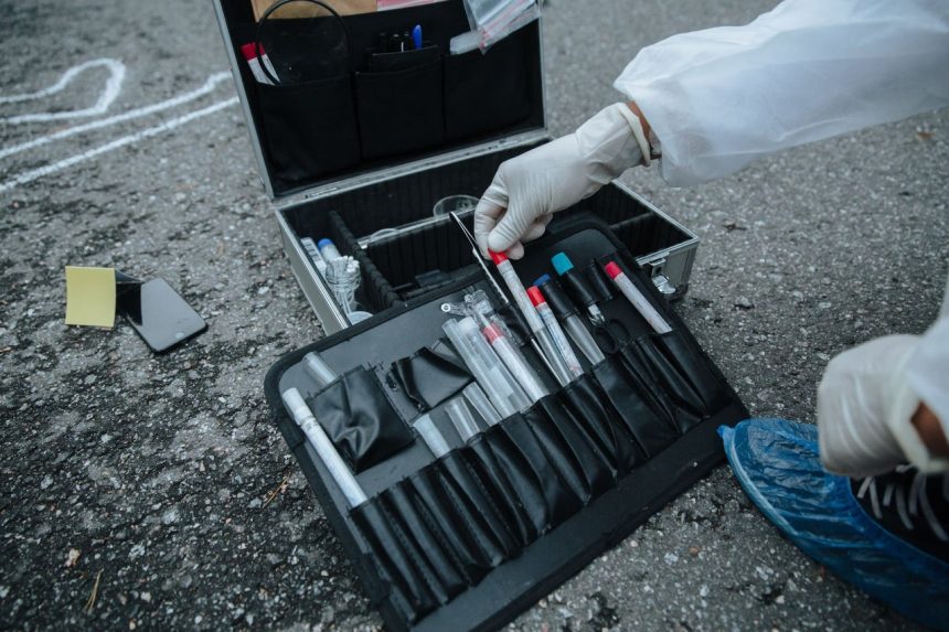 Instrumentos de investigação forense organizados para coleta e análise de evidências em uma cena de crime